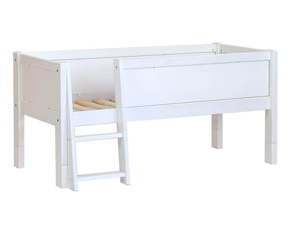 Jerwen - Compact bed with safety barrier and ladder - 90x200 cm in white wood with ladder.