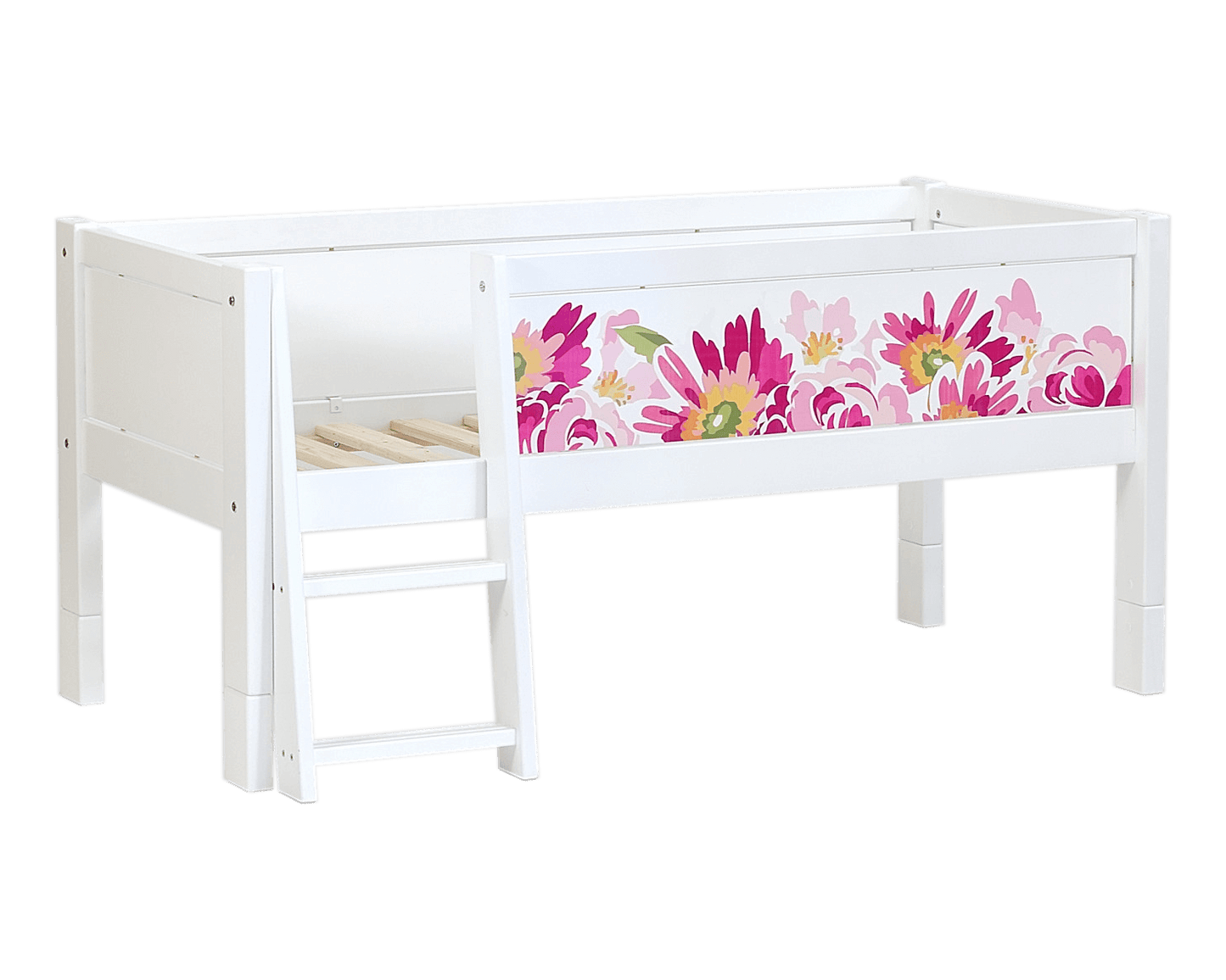 Jerwen - Compact bed with safety barrier and ladder - 70x160 cm, white with floral design and ladder.