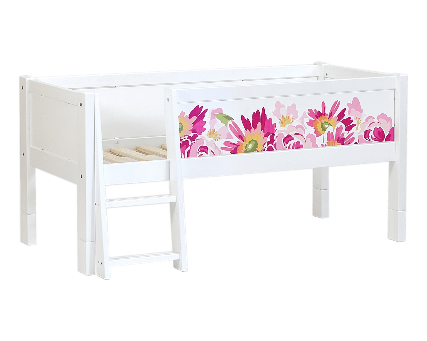 Jerwen - Compact bed with safety barrier and ladder - 70x160 cm, white with floral design and ladder.