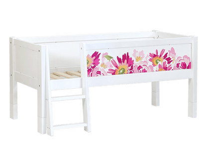 Jerwen - Compact bed with safety barrier and ladder - 70x160 cm, white with floral design and ladder.