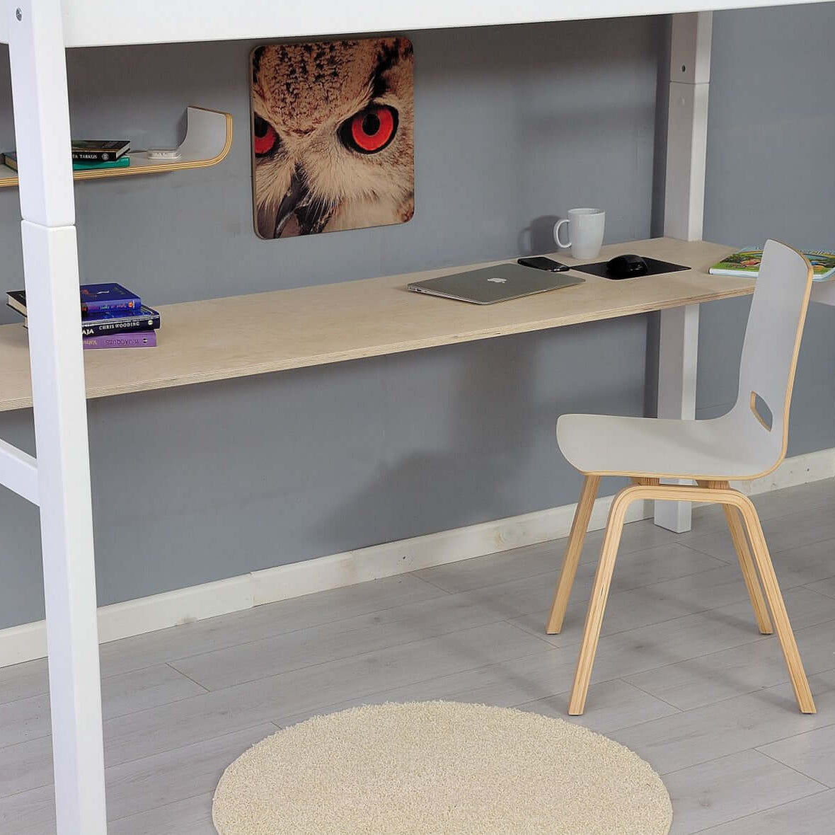 Jerwen - High bed - 90x200 cm with workspace underneath, showcasing a natural birch wood finish.