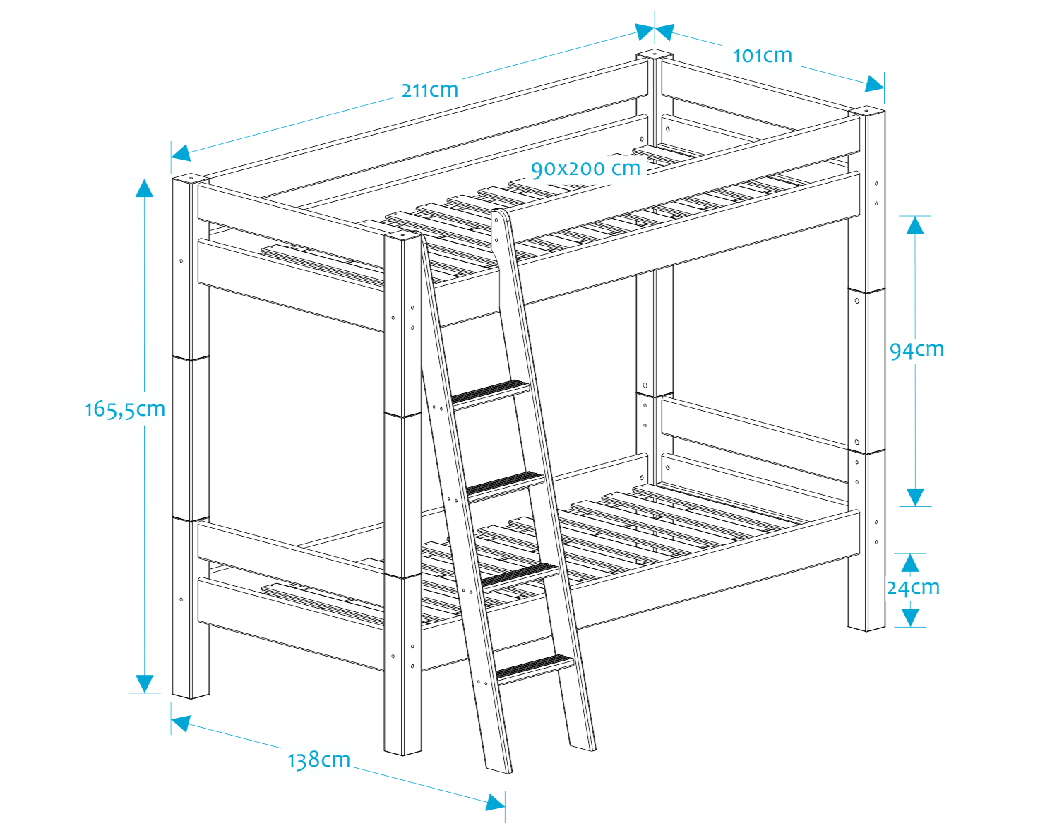 Lahe - Bunk bed with slant ladder - 90x200 cm - White dimensions illustration with measurements.