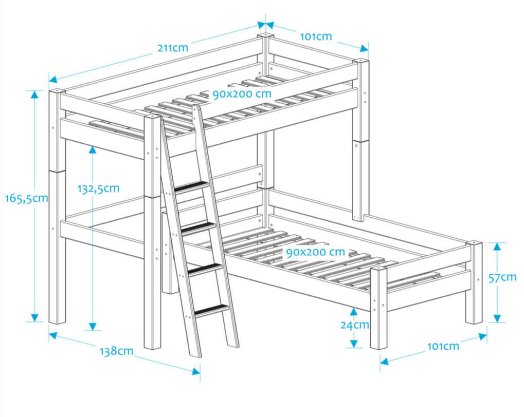 Lahe - Corner bunk bed with slant ladder - 90x200 cm - White dimensions illustration with measurements.