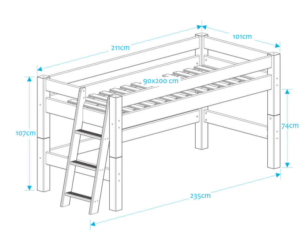 Lahe - Half high bed with slant ladder end mount - 90x200 cm - White dimensions illustration