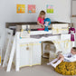 Lahe - Half high bed with slant ladder end mount - 90x200 cm - White in a children's room with kids playing.