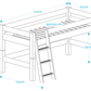 Lahe - Half high bed with slant ladder - 90x200 cm - White dimensions and specifications diagram.