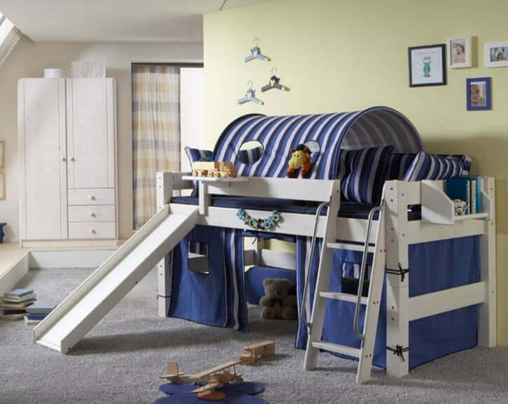 Lahe - Half high bed with slant ladder and slide - 90x200 cm - White in a stylish bedroom setting.