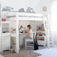 Lahe - High bed with slant ladder and table top - 90x200 cm - White in a stylish bedroom setting with a child studying.