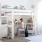 Lahe - High bed with slant ladder - 90x200 cm - White in a stylish kids' room with a desk and creative decor.