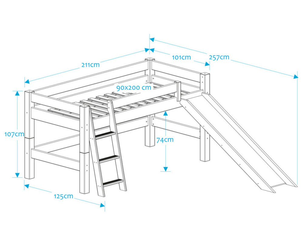 Lahe - Half high bed with slant ladder and slide - 90x200 cm - White