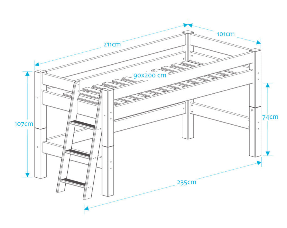 Lahe - Half high bed with slant ladder end mount - 90x200 cm - White